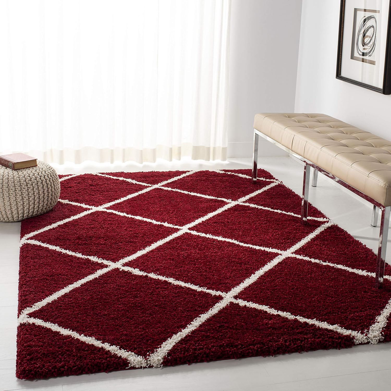 SAFAVIEH Hudson Shag Collection Area Rug - 9' x 12', Red & Ivory, Modern Diamond Trellis Design, Non-Shedding & Easy Care, 2-inch Thick Ideal for High Traffic Areas in Living Room, Bedroom (SGH281R)