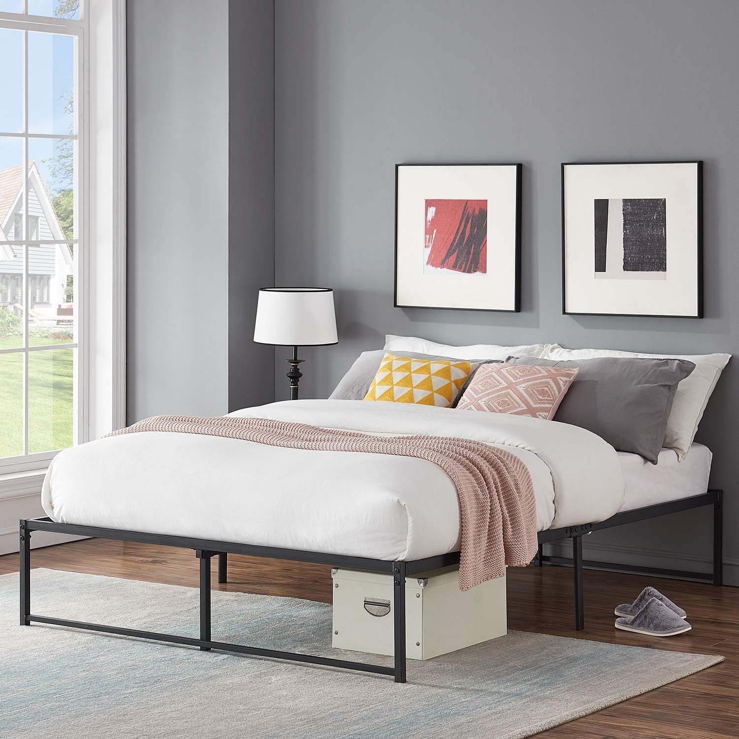 VECELO 14 Inch Bed Frame/No Box Spring Needed/Mattress Foundation/Steel Slat Support Black (Queen), Metal Platform A