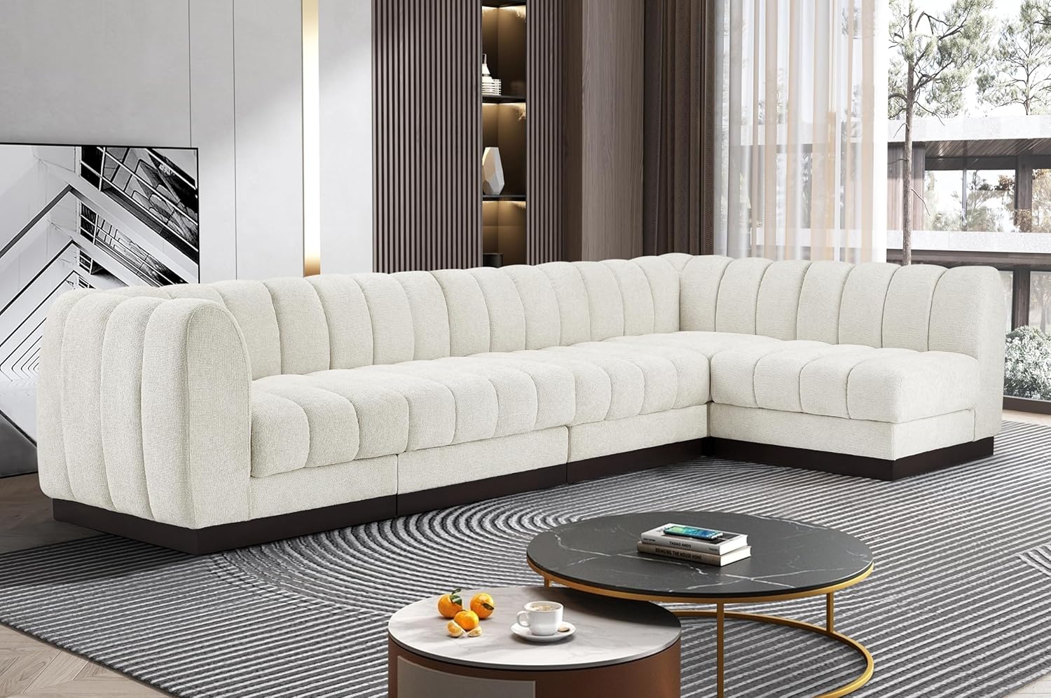 Meridian Furniture Quinn Collection Modern | Contemporary Modular Sectional with Soft Chenille Cross Hatched Fabric, Solid Wood Espresso Base, 133