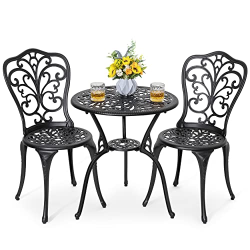 NUU GARDEN Bistro Set 3 Piece Outdoor All Weather Cast Aluminum Patio Bistro Set Patio Table and Chairs Set of 2 with Umbrella Hole for Backyard, Balcony, Front Porch, Lawn, Black