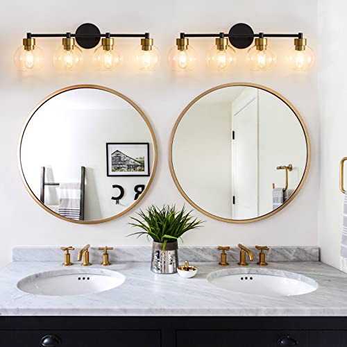 Bathroom Light Fixtures, 4 Lights Bathroom Vanity Light Brushed Nickel Round Finish, Bathroom Vanity Lights with Clear Globe Glass Shades, Wall Sconce for Mirror, Bedroom, Living Room, Kitchen