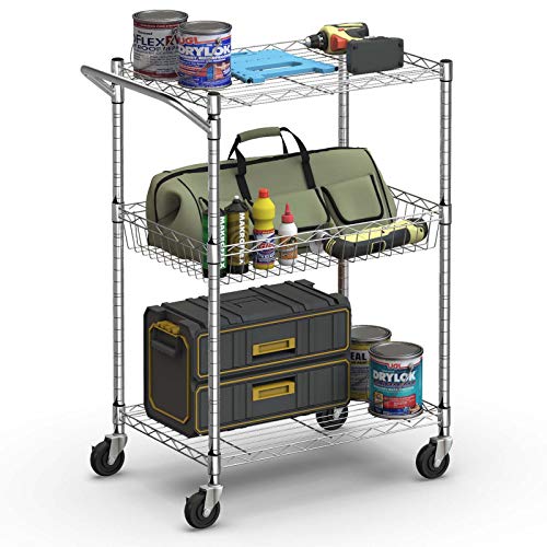 Heavy Duty 3-Tier Rolling Utility Cart, NAFORT Steel Wire Organization Storage Cart on Wheels, Kitchen Metal Utility Cart with Adjustable Shelves/Handle Bar, Storage Trolley with Wheels, Silver