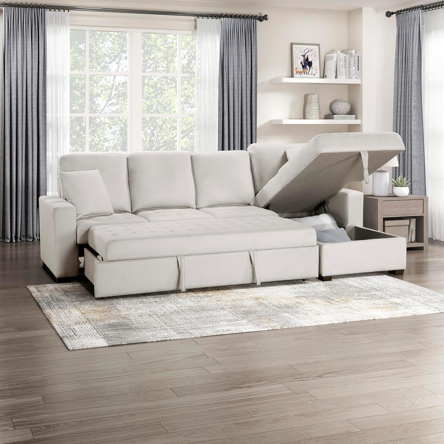 Lexicon Sectional Couches for Living Room, Microfiber Upholstered Sleeper Sofa, L Shape Sectional Couch with Right Storage Chaise and Pull Out Sofa Bed, 112 inch 4-Seater Sectional, Light Grey