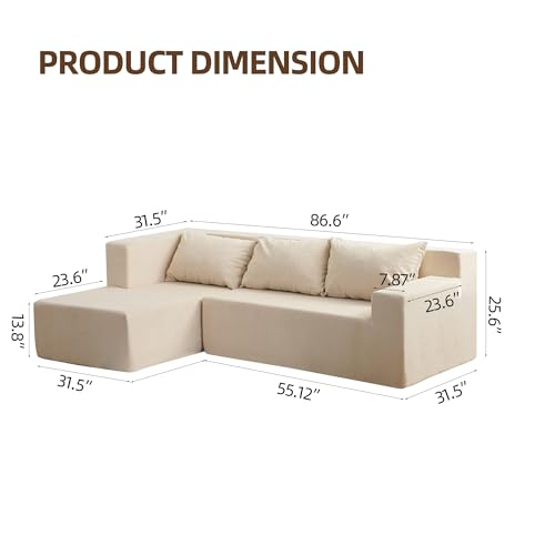 Modern L-Shape Sectional Sofa with Chaise Lounge - Comfy Snow Velvet Fabric Modular Couch Set for Living Room, Bedroom, or Apartment -Perfect for Relaxing and Entertaining (khaki)