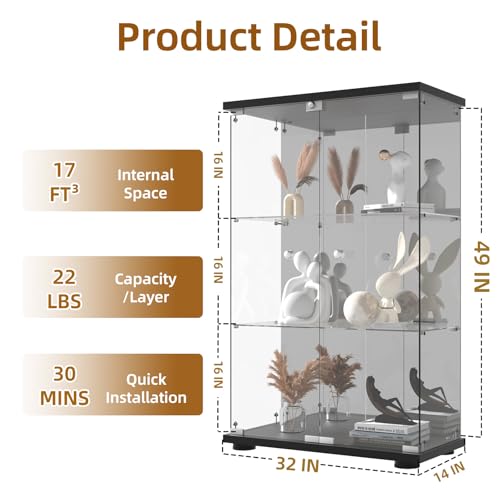 Glass Display Cabinet, 4-Shelf 3 Doors with Mirror & Lock, Tempered Glass Curio Display Cabinet Standing Glass Bookshelf Showcase for Bedroom, Living Room, Black