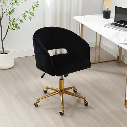 Home Office Swivel Desk Chair, Modern Corduroy Desk Chair, Height Adjustable Armchair with Gold Base, Ergonomic Office Chair for Living Room Vanity Study Computer Room, Black