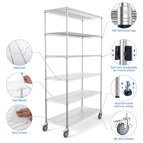 6 Tier 6000lbs Capacity NSF Metal Shelf Wire Shelving Unit, Heavy Duty Adjustable Storage Rack with Wheels & Shelf Liners for Commercial Grade Utility Steel Storage Rack, Black - 84.5
