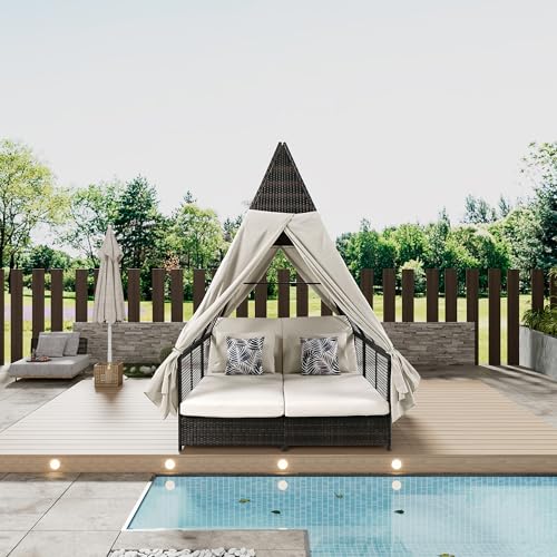 WILLIAMSPACE Patio Double Chaise Lounge Sunbed Patio Daybed with Adjustable Backrest & Cushions, Wicker Rattan Patio Reclining Daybed with Foldable Cup Trays for Lawn, Poolside (Grey)