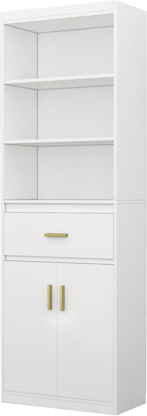 FUFU&GAGA 70.8”H Tall Bookcase with Drawer, Doors & Shelves, Wood Display Cabinet for Living Room, White