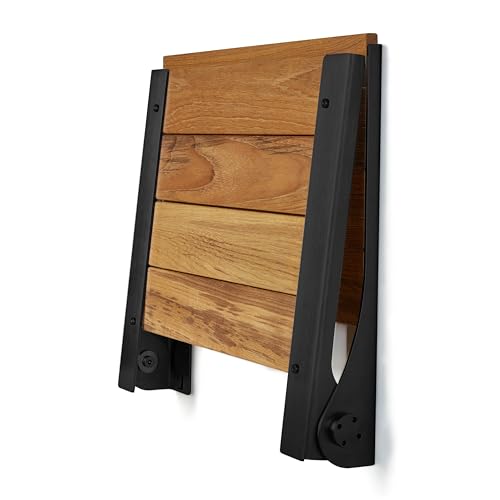 Seachrome 18 inch Cameo Folding Wall Mount Shower Bench Seat, Natural Teak Wood with Black Frame