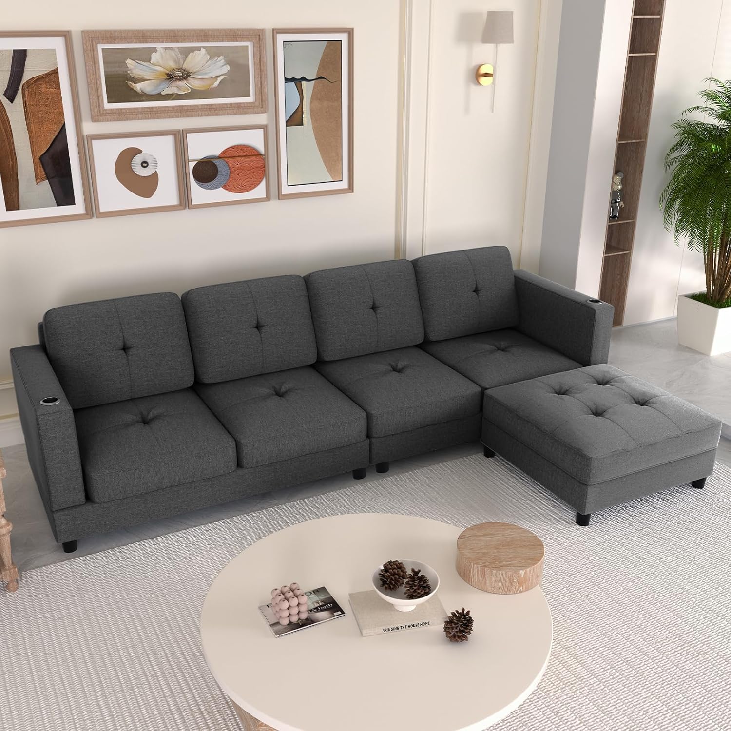 Convertible L Shaped Sofa with Ottoman, Linen Reversible Sectional Sofa with 2 Cup Holders, Modern L-Shape Couch 4 Seat Sectional Couches for Living Room Apartment - Dark Grey