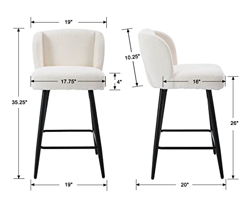 Modern Counter Height Bar Stools Set of 2, 26 Inch Velvet Upholstered Bar Stools with Back, 18