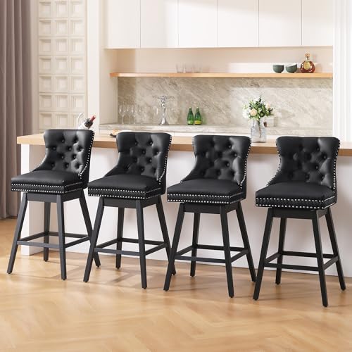 Swivel Bar Stool with Back, Faux Leather Counter Height Bar Stools, Upholstered Tufted Counter Height Chairs, Solid Wood Legs, (Brown, 30