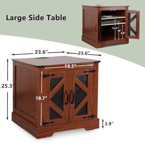 24'' Wood Mid Century Modern Night Stand with Charging Station, Drawers and Adjustable Divider for Living Room Bedroom, Rustic Farmhouse Couch Bed Side Table Square End Table