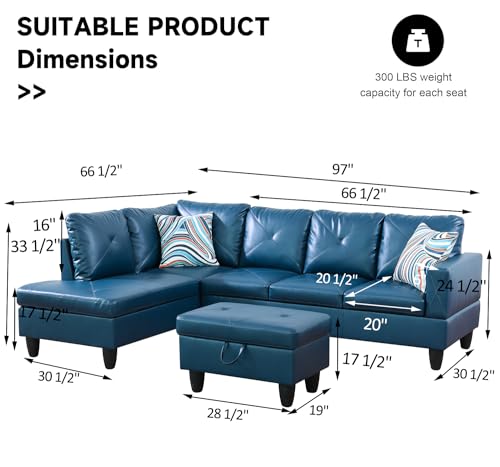 Leather Sectional Sofa Couch,L-Shape Sofa Sectional Couch Set with Storage Ottoman for Living Room/Apartment/Office(Dark Grey，Facing Left Chaise)