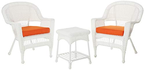 Jeco 3 Piece Wicker End Table Set with with Orange Chair Cushion, White