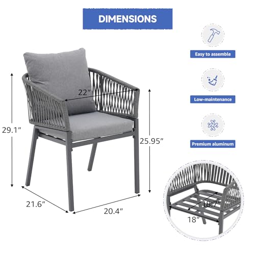 SUNSITT Patio Dining Chairs Set of 4, Outdoor Aluminum Dining Chairs with Woven Rope, All-Weather Patio Arm Chairs w/Cushions, Porch, Garden and Deck, Light Grey