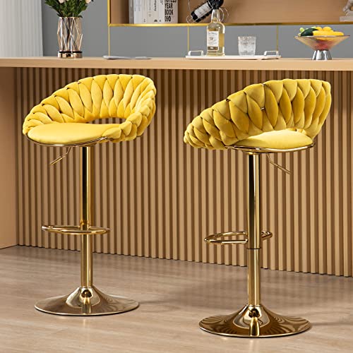 GNIXUU Velvet Bar Stools Set of 2, Adjustable Counter Height Barstools with Back Modern Upholstered Swivel Bar Chairs for Kitchen Island, Bar(Gold and Ivory)