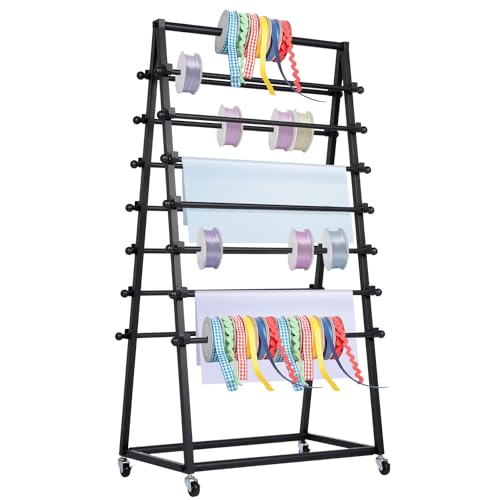 Ribbon Organizer,15 Tier Metal Vinyl Rolls Holder,Double-Sided Christmas Gift Wrapping Craft Ribbon Storage Shelf for Craft Room Cake Shop Flower Store,Tie Scarf Rack Belt Towel Holder
