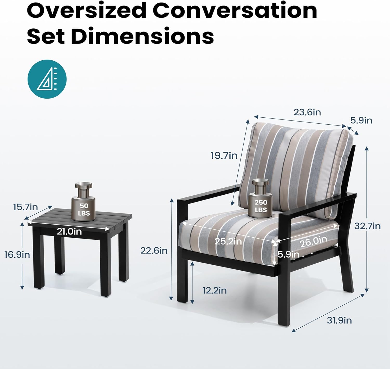 Pellebant Adirondack Chair 3 Pieces Bistro Set with Sunbrella Cushion, Aluminum Patio Furniture Set Outdoor Patio Conversation Set Modern Armchair Sofa and Side Table for Garden, Balcony, Milano Char