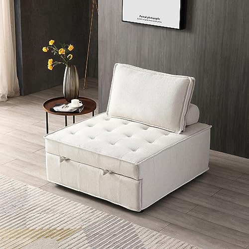 Lazy Sofa Chair Linen Fabric Ottoman Chair Pulling Out Sofa Bed with Removable Pillow Multi-Functional Lounge Chair for Living Room, Dorm, Apartment, Office (Dark Grey)