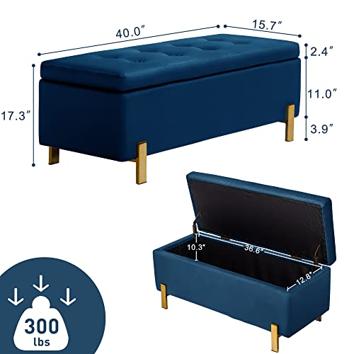 Velvet Storage Bench, Upholstered Tufted Storage Ottoman with Golden Legs, End of Bed Padded Entayway Bench for Living Room, Bedroom, Hallway-40 L x 15.7