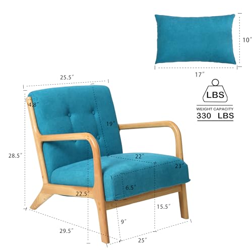 Accent Chair, Mid Century Modern Chair with Pillow, Comfy Fabric Armchair with Solid Wood Frame & Soft Cushion for Living Room, Bedroom (White)