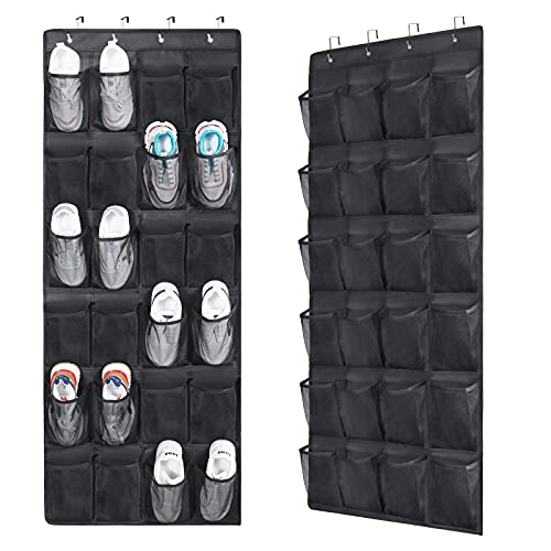 2 Pack Over The Door Shoes Organizers, Behind Door Shoes Hang Holder Rack with 48 Mesh Large Pockets, Clear Fabric Shoes Hanger Storage Organizer Bag for Bedroom,Pantry,Dorm,Black