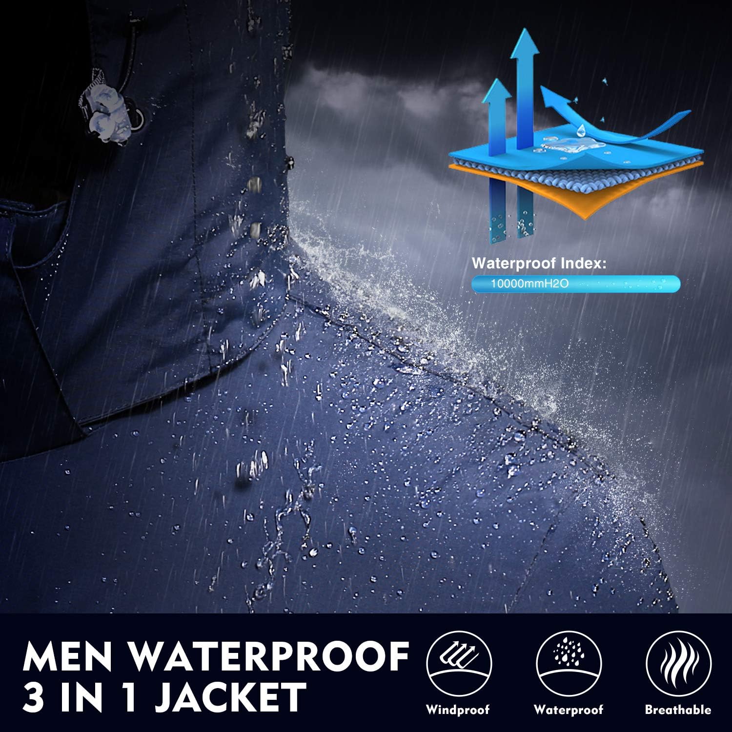 CAMELSPORTS Men's Mountain Ski Jacket 3 in 1 Waterproof Winter Jacket Warm Snow Jacket Hooded Rain Coat Windproof Winter Coat