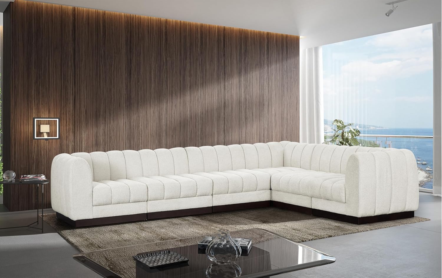 Meridian Furniture Quinn Collection Modern | Contemporary Modular Sectional with Soft Chenille Cross Hatched Fabric, Solid Wood Espresso Base, 133