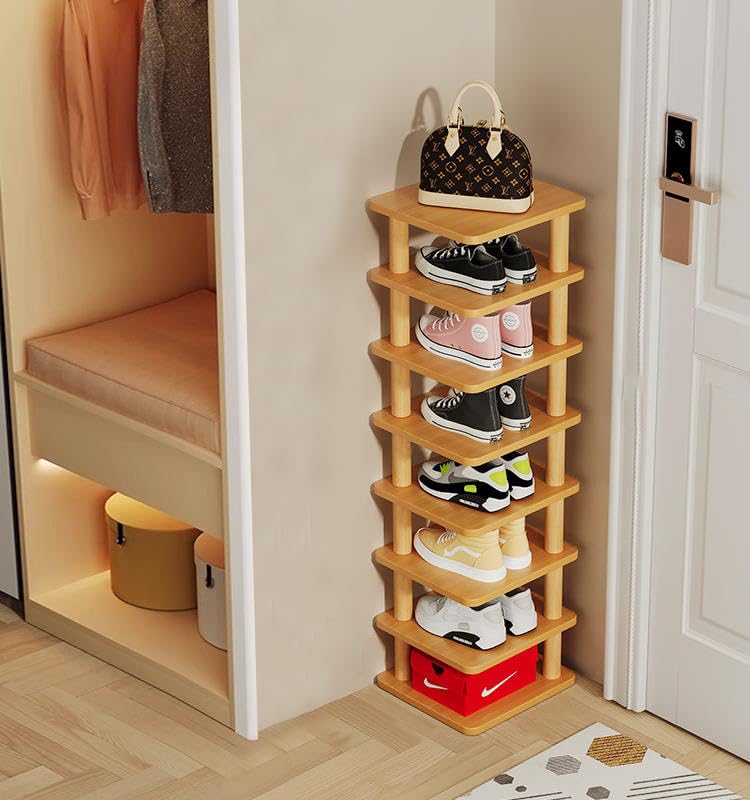 Shoe Rack-8 Tiers Vertical Shoe Rack, Space Saving Narrow Shoe Organizer, Free Standing Shoe Storage Stand With Sturdy Frame Shoe Rack for Entryway, Doorway, Corners, Small Spaces (Nature)