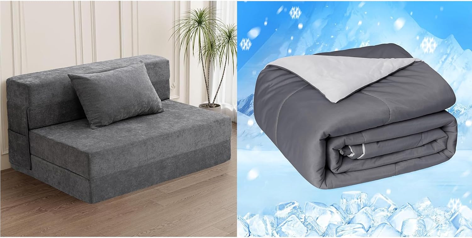 HOMFINE Folding Sofa Bed - Convertible Sleeper Chair with Pillow, Fold Out Couch, Memory Foam Floor Mattress, Futon Couch, Lazy Sofa for Living Room/Dorm/Guest Room/Home Office, Twin, Gray