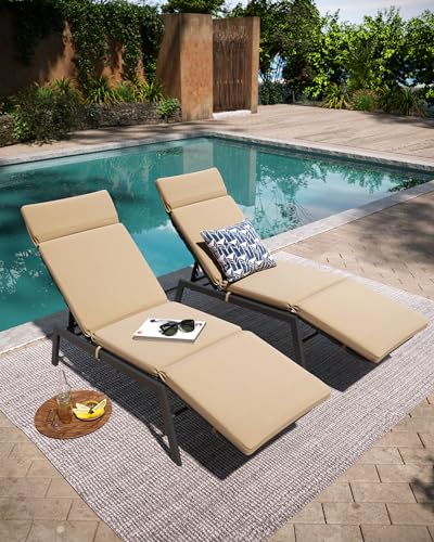 Pellebant Outdoor Chaise Lounge Chairs with Cushions Set of 2, Pool Lounge Chairs with Adjustable Positions, Patio Recliners for Garden, Deck, Yard, Beige