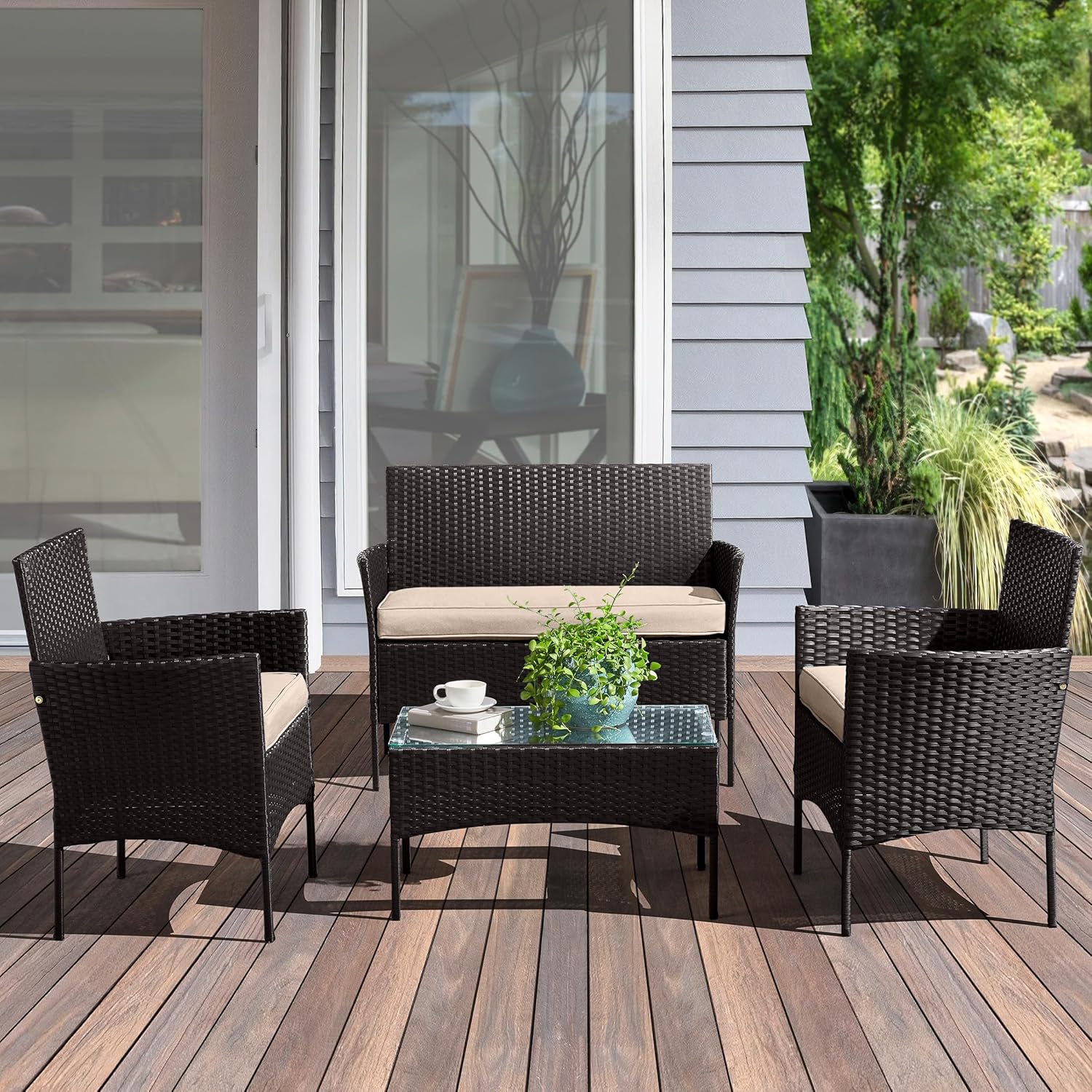 LAVISH HOME COLLECTION 4-Piece Rattan Patio Set Outdoor Sofas, Black