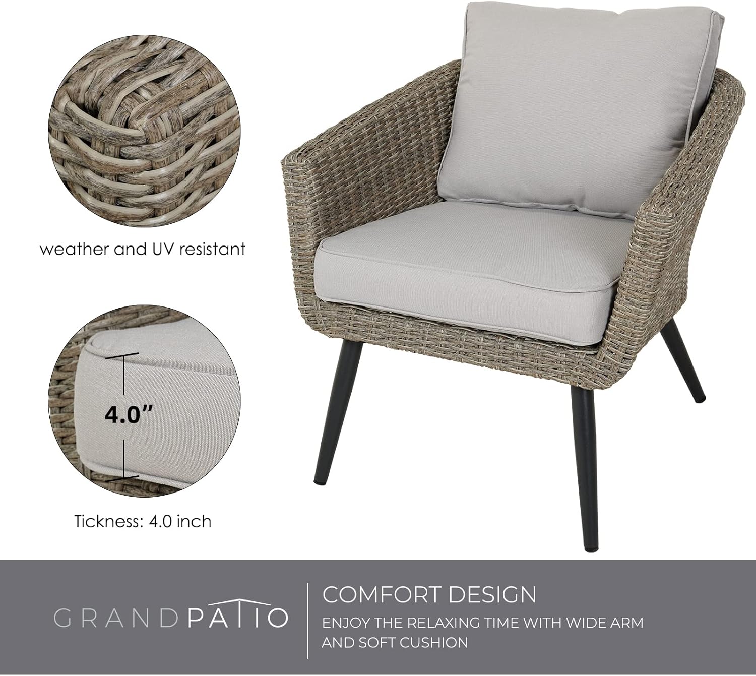 Grand patio 3-Piece Patio Bistro Set with Coffee Table Wicker Outdoor Conversation Chairs Sets with Heavy-Duty Anti-Rust Aluminum Frame for Balcony Yard Gray Cushions