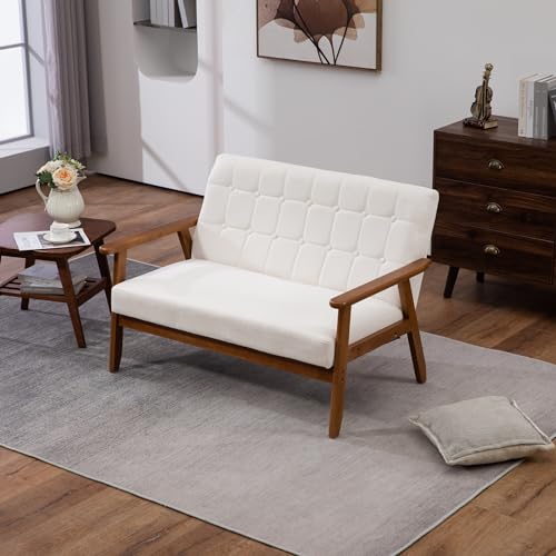 Loveseat Sofa, 2 Seater Couch for Small Spaces, Mid-Century Modern Upholstered Linen Fabric Solid Wood Armchair for Living Room Bedroom Waiting Room, Navy Blue