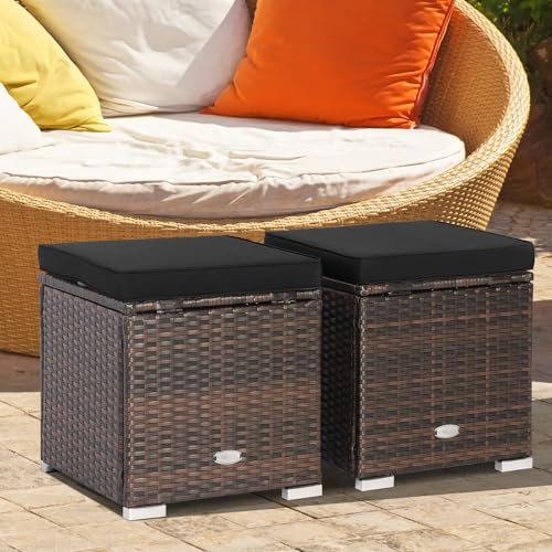 Tangkula 2 Pieces Patio Ottomans, Patiojoy Hand-Woven PE Rattan Side Table with Removable Cushion & Hidden Storage Space, Multifunctional Storage Box, Seat for Patio, Backyard, Poolside (Turquoise)