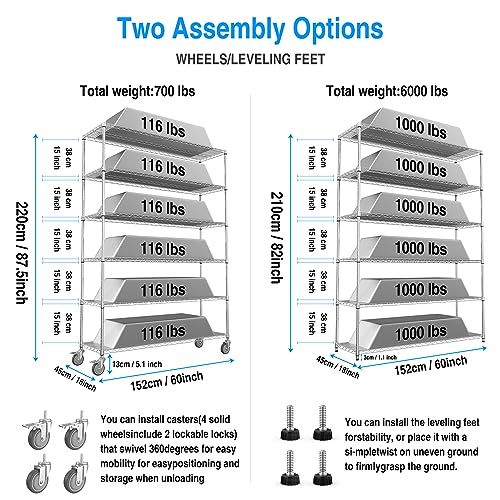 6 Tier 6000lbs Capacity NSF Metal Shelf Wire Shelving Unit, Heavy Duty Adjustable Storage Rack with Wheels & Shelf Liners for Commercial Grade Utility Steel Storage Rack, Black - 87.5