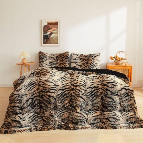 XeGe Leopard Print Fluffy Faux Fur Duvet Cover Set, 3 Pieces Soft Plush Shaggy Fuzzy Bedding Set(1 Faux Fur Cheetah Print Comforter Cover + 2 Furry Pillowcases), Zipper Closure(Queen, Grey)