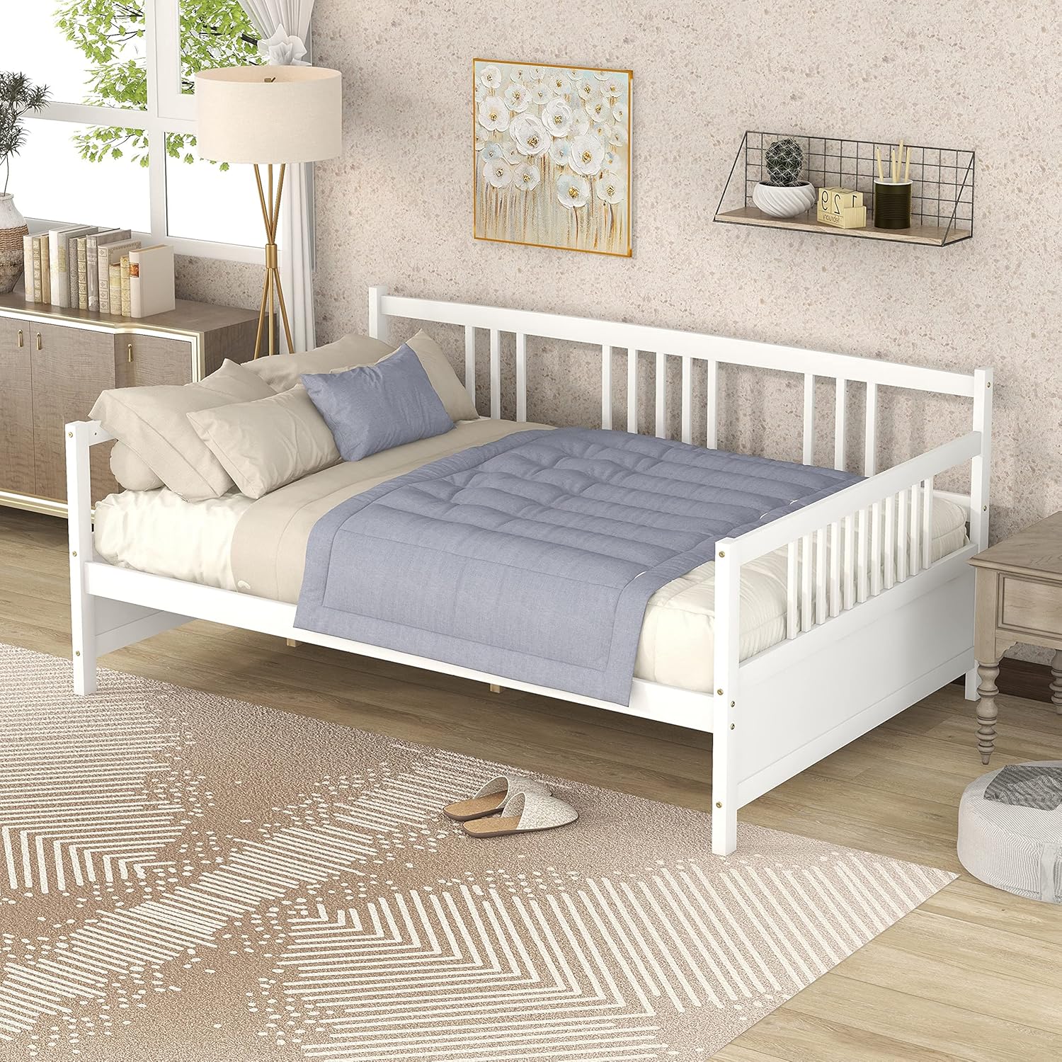 Bellemave Full Daybed Frame, Wood Daybed with Rails, Sofa Bed with Slat Support, Platfrom No Box Spring White