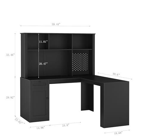 L Shaped Desk with Charger, Computer Desk with Drawers, Bookshelf & Hutch and LED Light, Corner Desk Home Office Desk, L-Shaped Study Table Writing Desk, Corner Gaming Computer Desk, Black