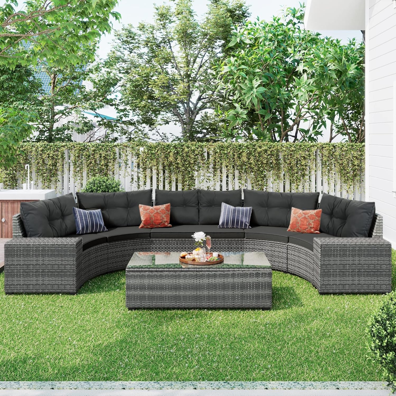 8-Pieces Outdoor Wicker Round Sofa Set Half-Moon Sectional Sets All Weather Curved with Rectangular Coffee Table Black Grey Modern Contemporary Steel Finish