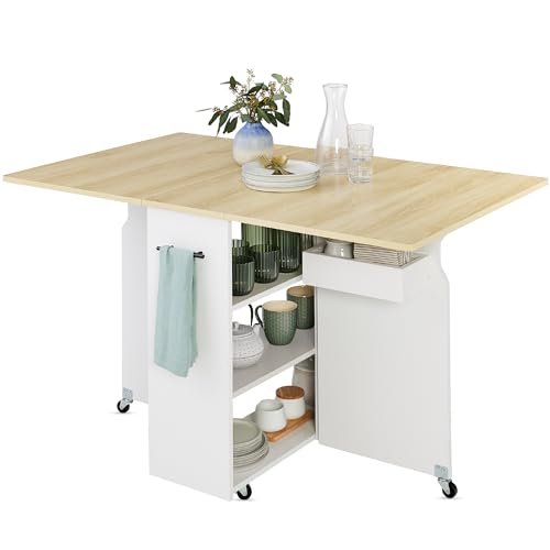 Best Choice Products Folding Dining Table, Multipurpose Space Saving Collapsible Drop Leaf Extension Desk w/Wheels, 3 Storage Shelves - Oak/White