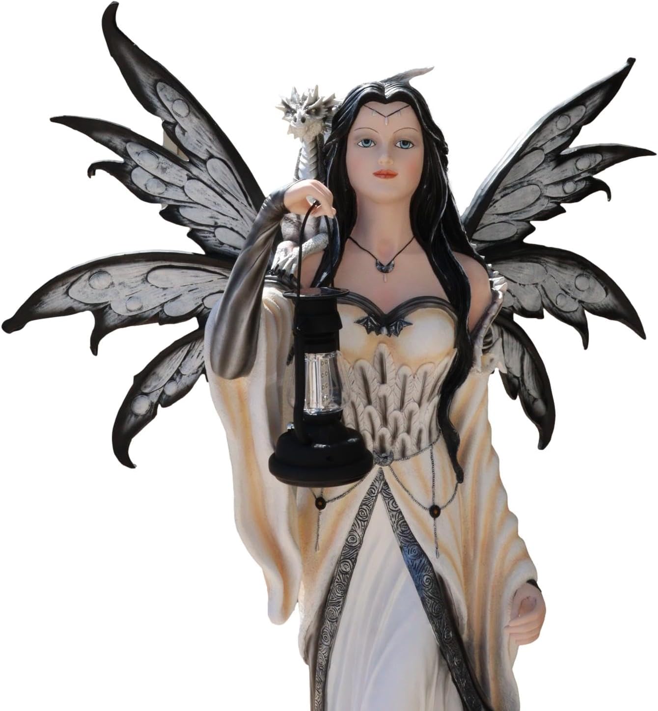Ebros Gift Large 4 Feet Spell Caster Winter Snow White Fairy with White Dragon and Solar LED Lantern Light Statue Faery Garden Fantasy Fairies and Pixies Collection