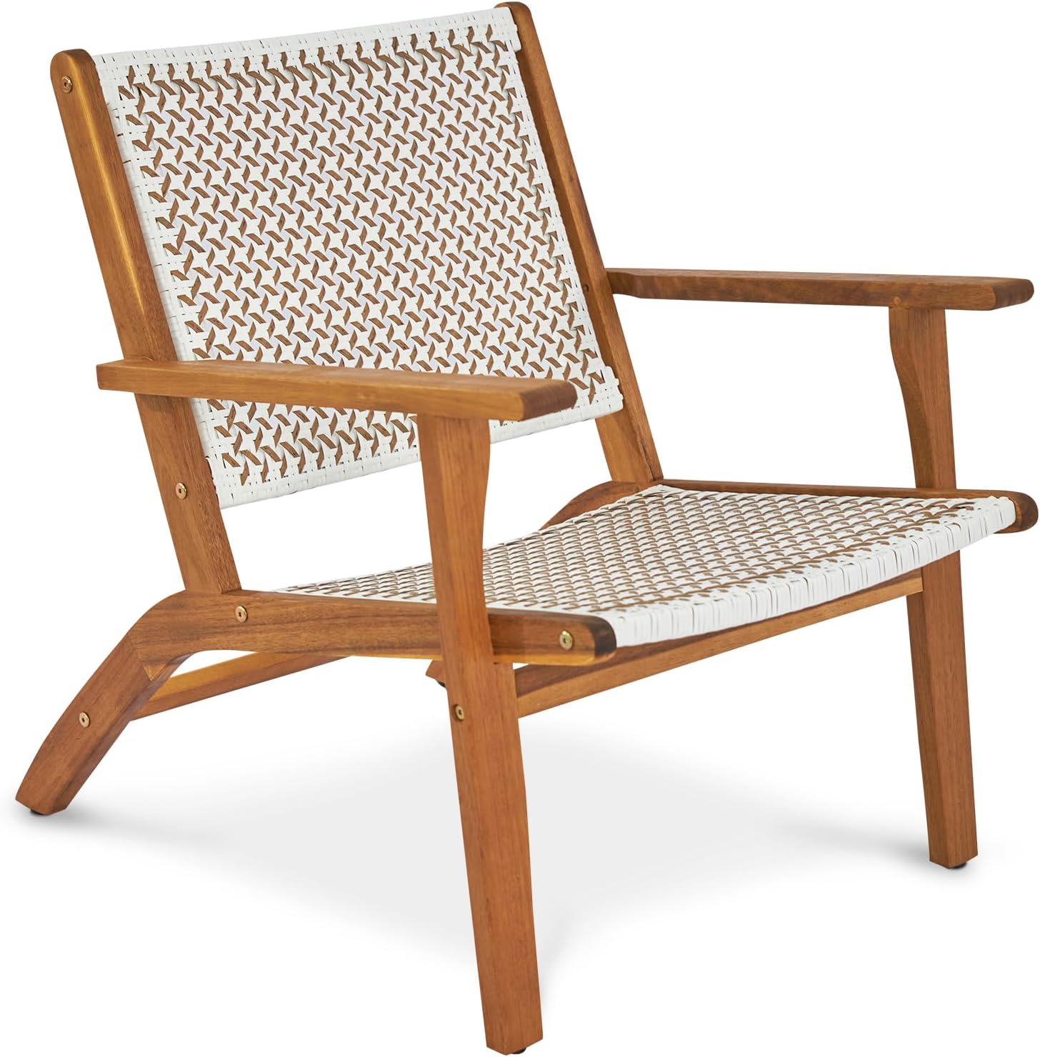 Outvita Natural Stain Outdoor Chair, Mid Century Modern Accent Armchair, Reading Lounge Chair with Ecru Handwoven Rope and Solid Acacia Wood Frame for Bedroom Patio Balcony Indoor