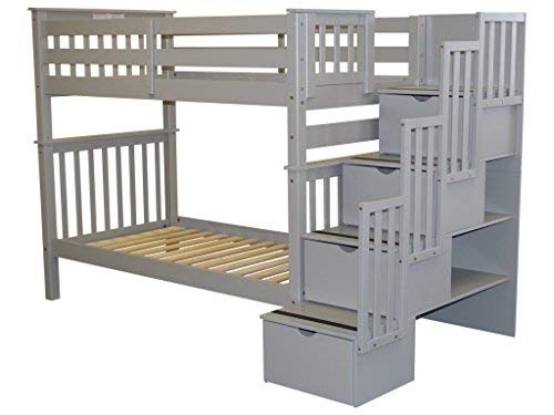 Bedz King Tall Stairway Bunk Beds Twin over Twin with 4 Drawers in the Steps, White