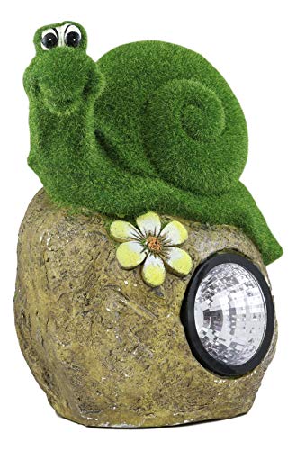 Ebros Large Whimsical Snail On Rock Garden Statue with Solar LED Light in Flocked Artificial Moss Grass Finish Resin Sculpture Guest Greeter Home Decor Outdoors Patio Flower Bed