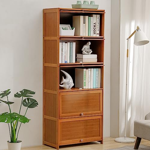Magshion Brown Bamboo 3-Tier Storage Bookcase with Flip-Up Doors Freestanding Organizer for Home or Office, Pantry Cabinet Garage Shelf Closet 31.1