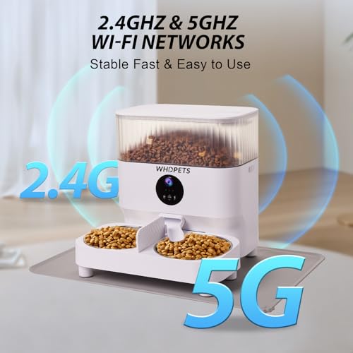 Automatic Cat Feeders, WHDPETS WiFi Pet Feeder with 1080P Camera for 2 Cats & Dogs, 5L Auto Dog Food Dispenser with Feeding Mat, Portion Control, Dual Power Supply, Voice Recorder, 2.4G Wi-Fi Enabled