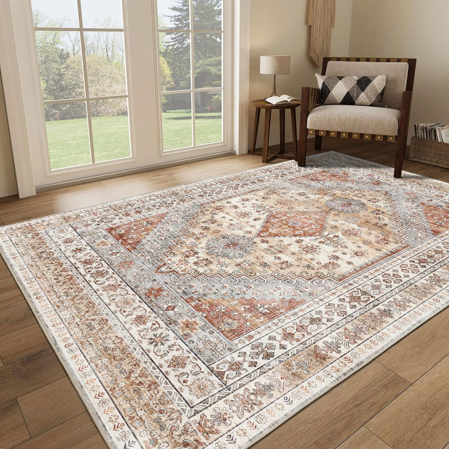 Rug for Living Room, Washable Area Rugs 5'x7' for Bedroom, Ultra-Soft Non-Shedding Faux Wool Vintage Design Boho Low Pile Mat Throw Carpet，Stain Resistant Rugs with Non-Slip Backing（Light Color）